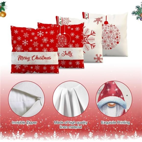 4 Pcs  Christmas Throw Pillow Covers | Winter Xmas Winter Snowflake 18x18 Inch - Picture 4 of 6